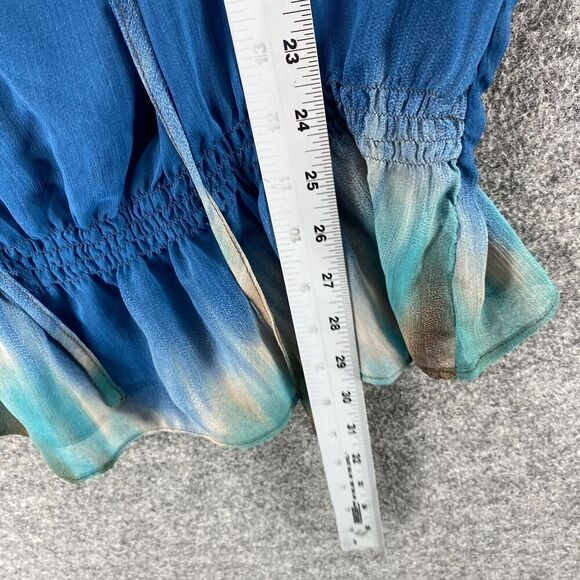 Cotton Works Blouse Women L Large Blue Colorblock V-Neck Tasseled Short Sleeve - Picture 7 of 8